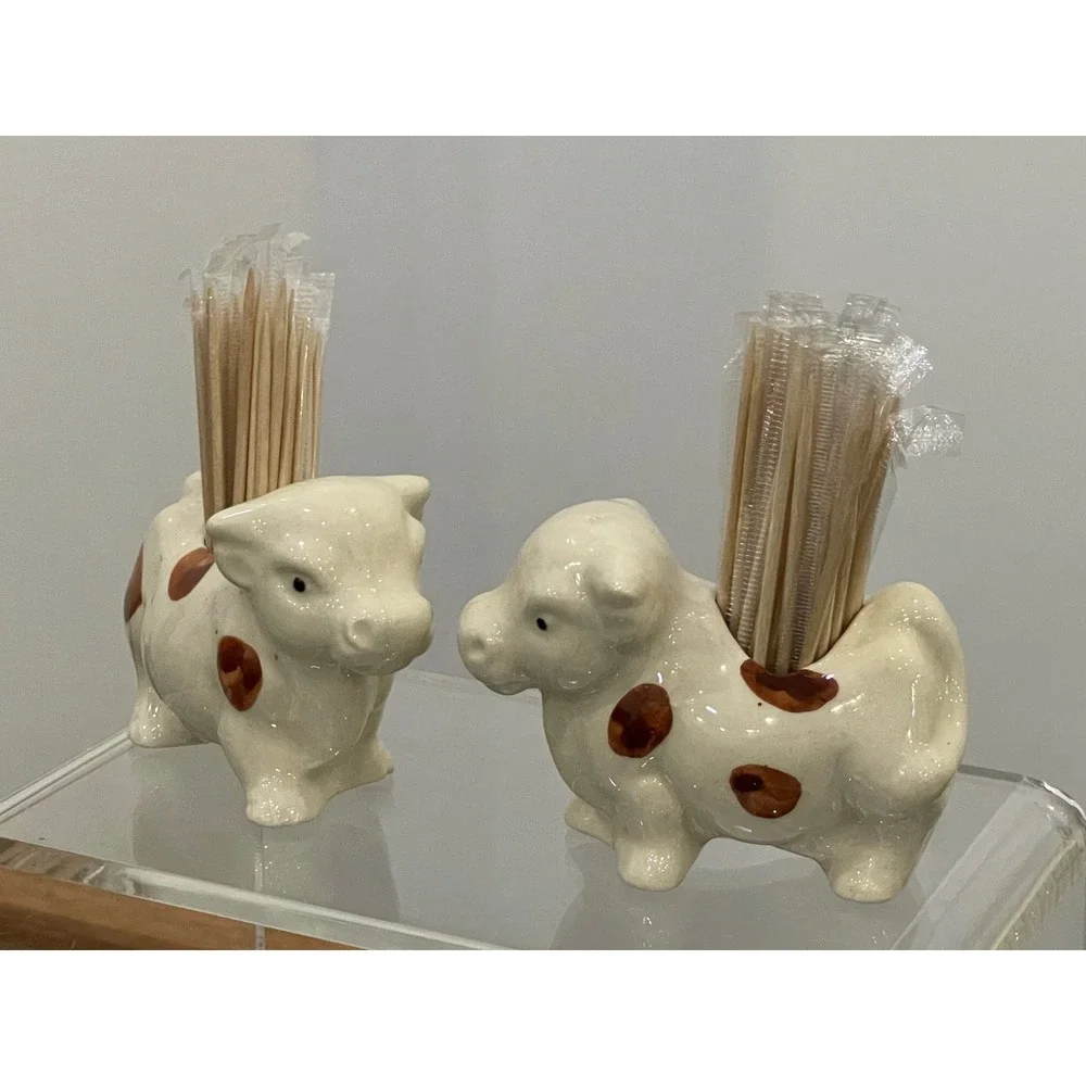 Cow Toothpick Holder Ceramic Vintage Set of 2 White Brown 3.25